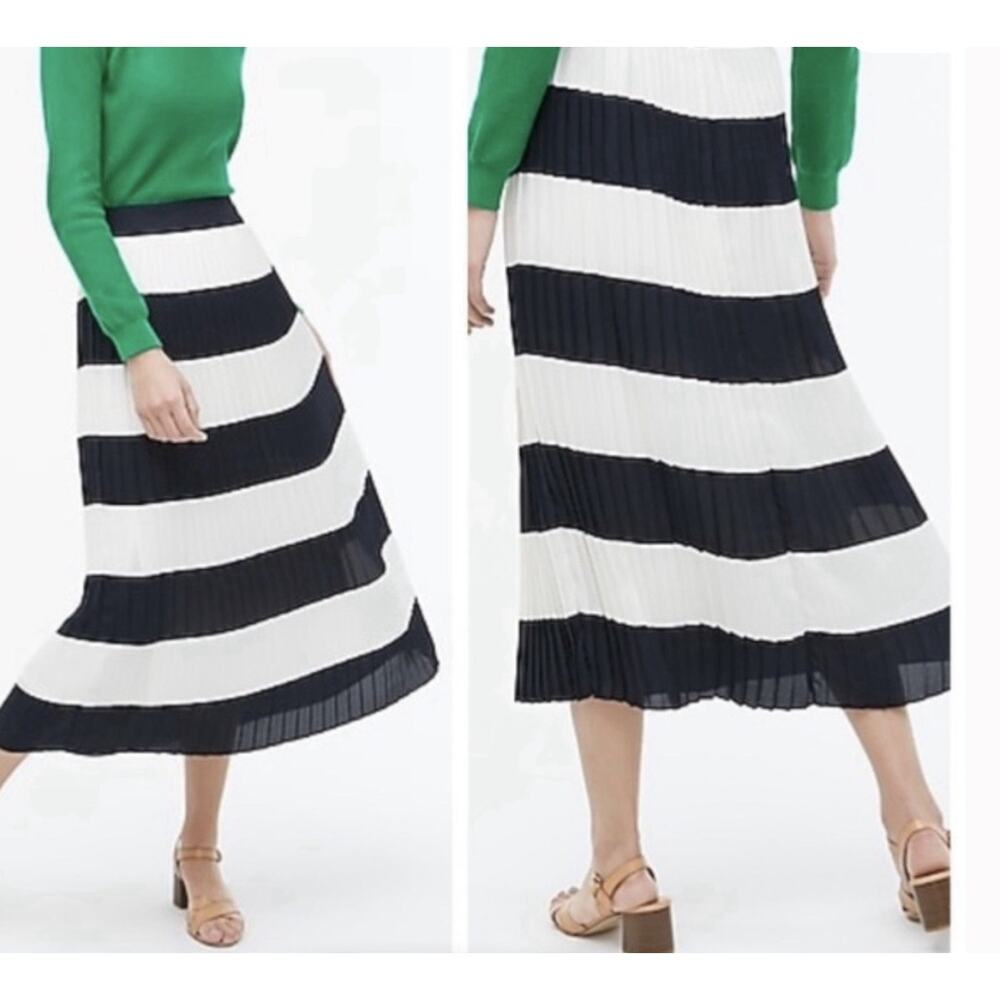 Striped Navy Blue and White Pleated Midi Skirt